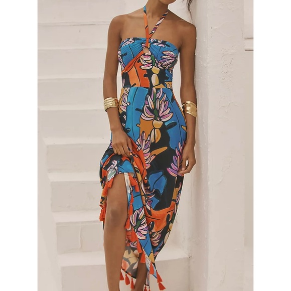 FARM Rio Dresses & Skirts - FARM Rio Halter Cover-Up Maxi Dress Floral Tassel Resort Maxi Summer Vacation M